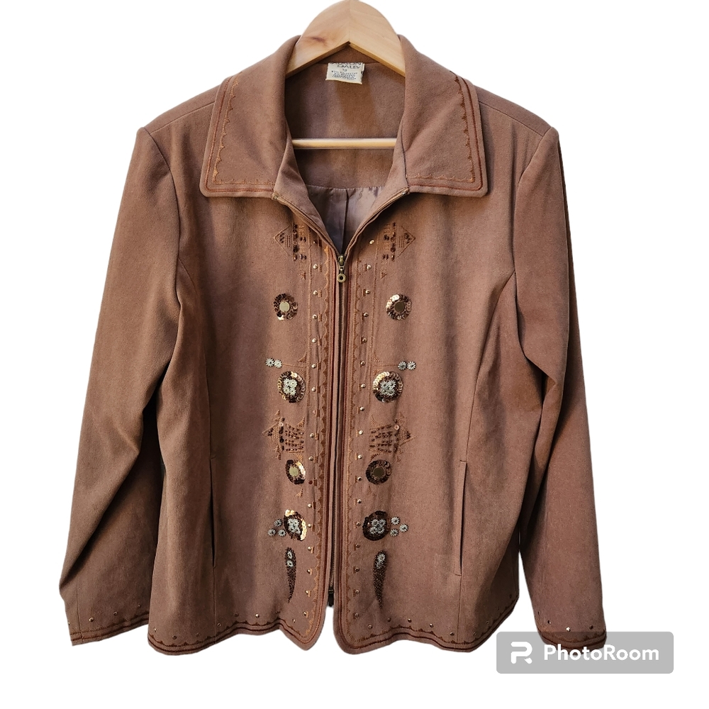 Vintage Allison Daley brown embroidered zip up jacket women's 12